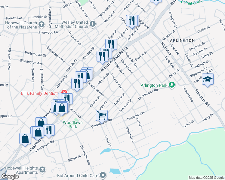 map of restaurants, bars, coffee shops, grocery stores, and more near 1207 Edgewood Boulevard in Hopewell