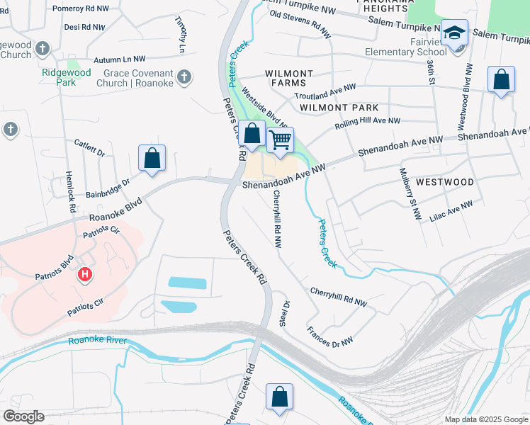 map of restaurants, bars, coffee shops, grocery stores, and more near 456 Cherryhill Road Northwest in Roanoke