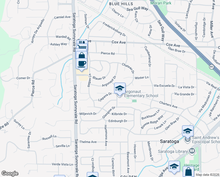 map of restaurants, bars, coffee shops, grocery stores, and more near 20290 Argonaut Drive in Saratoga