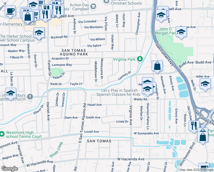 map of restaurants, bars, coffee shops, grocery stores, and more near 3784 Century Drive in Campbell