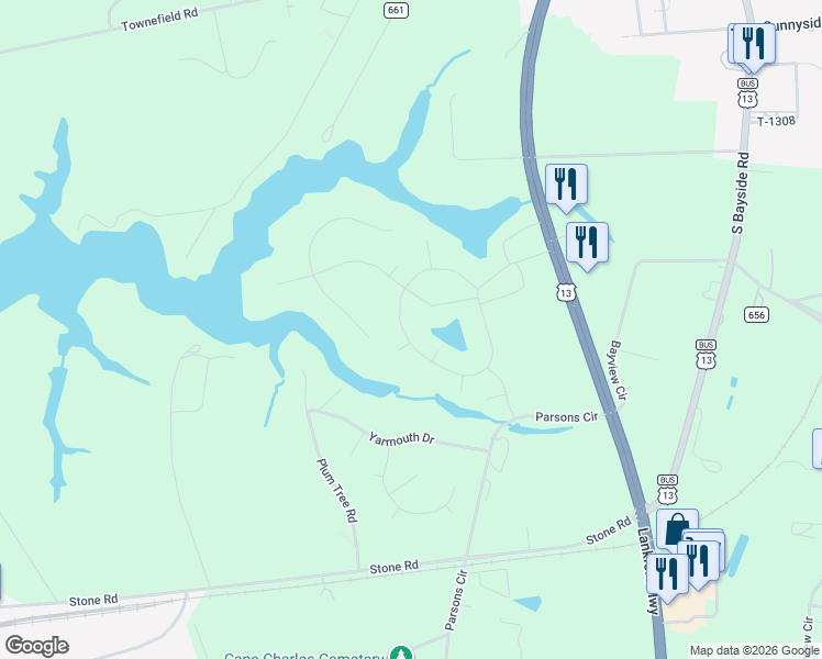map of restaurants, bars, coffee shops, grocery stores, and more near 3285 Tower Hill Circle in Cape Charles