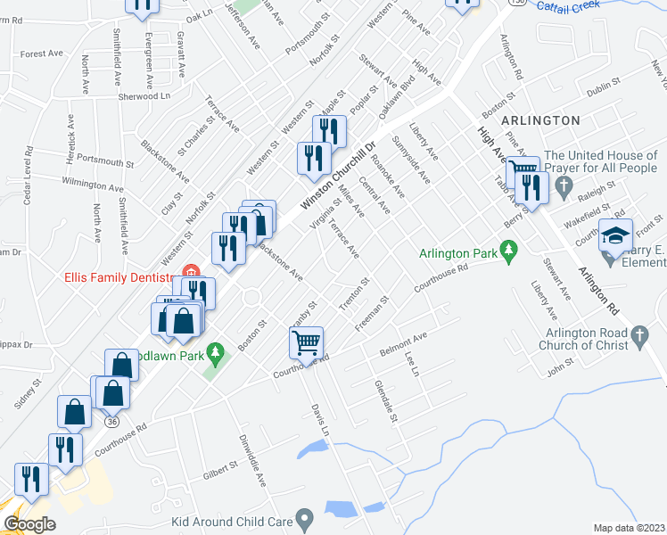 map of restaurants, bars, coffee shops, grocery stores, and more near 1207 Edgewood Boulevard in Hopewell