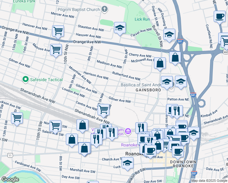 map of restaurants, bars, coffee shops, grocery stores, and more near 508 5th Street Northwest in Roanoke