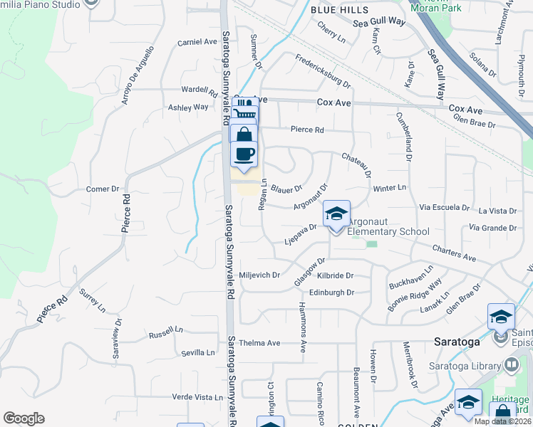 map of restaurants, bars, coffee shops, grocery stores, and more near 20350 Argonaut Drive in Saratoga