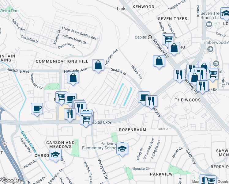 map of restaurants, bars, coffee shops, grocery stores, and more near 3637 Snell Avenue in San Jose
