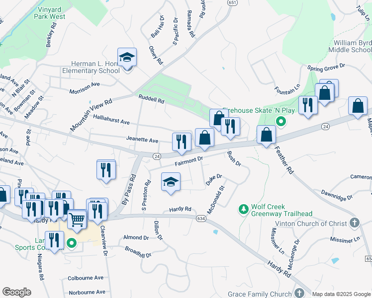 map of restaurants, bars, coffee shops, grocery stores, and more near 1228 East Washington Avenue in Vinton