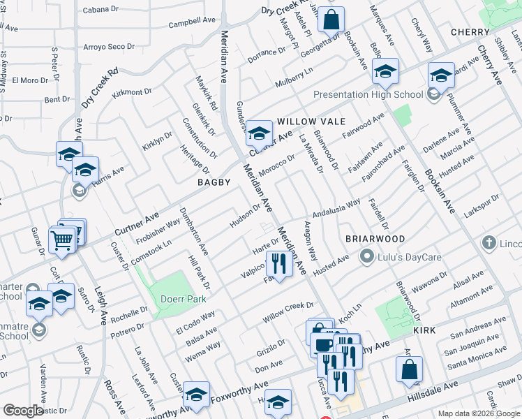 map of restaurants, bars, coffee shops, grocery stores, and more near 1714 Hudson Drive in San Jose
