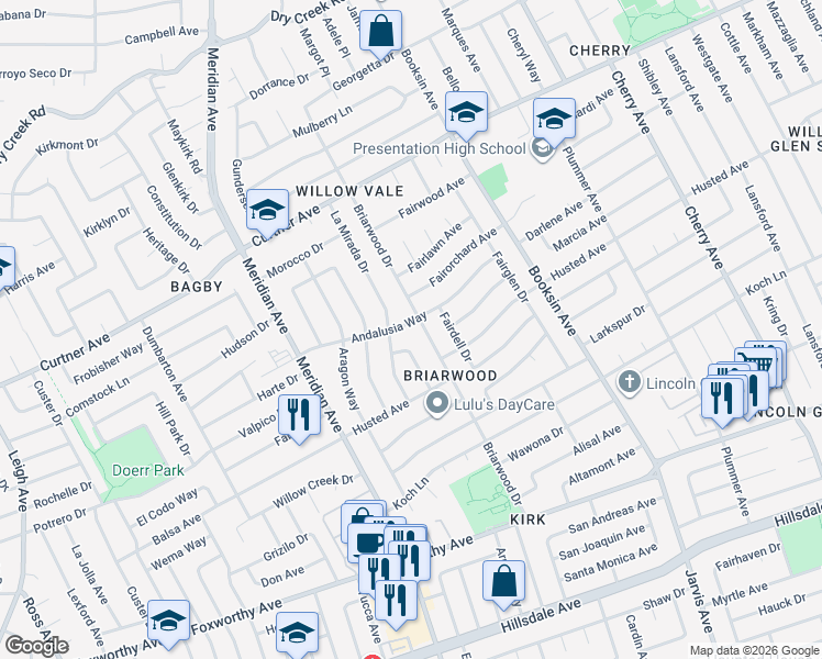 map of restaurants, bars, coffee shops, grocery stores, and more near 1664 Andalusia Way in San Jose