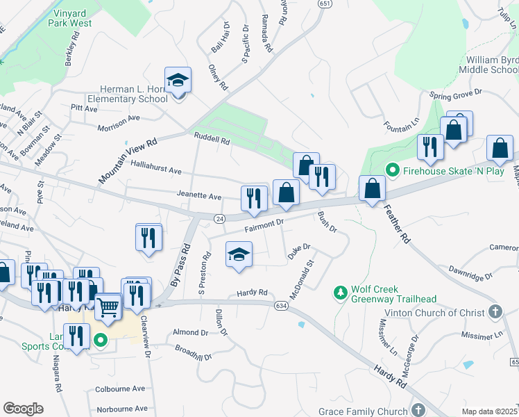 map of restaurants, bars, coffee shops, grocery stores, and more near 1228 East Washington Avenue in Vinton