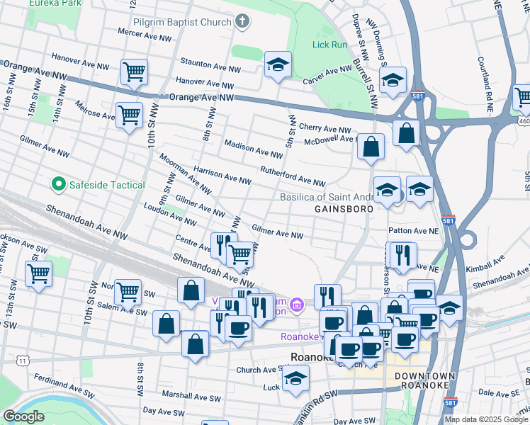 map of restaurants, bars, coffee shops, grocery stores, and more near 508 5th Street Northwest in Roanoke