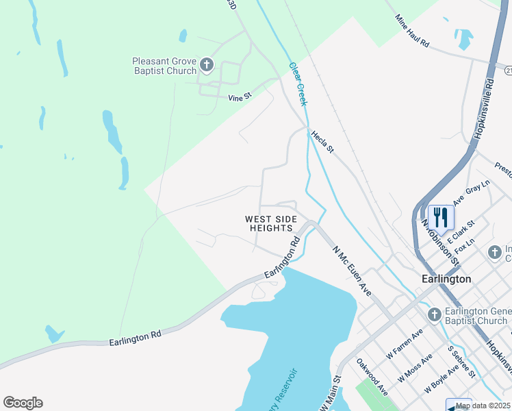 map of restaurants, bars, coffee shops, grocery stores, and more near 401 Woodlawn Street in Earlington