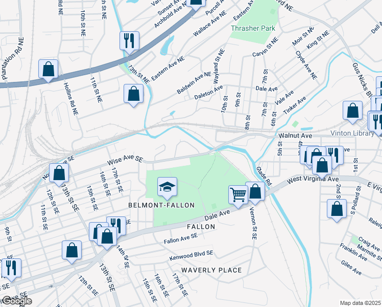 map of restaurants, bars, coffee shops, grocery stores, and more near 2032 Wise Avenue Southeast in Roanoke