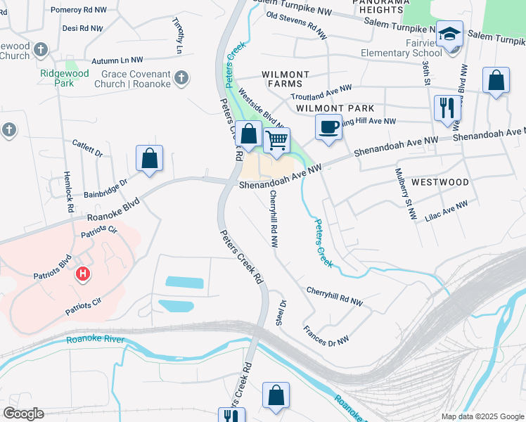 map of restaurants, bars, coffee shops, grocery stores, and more near 456 Cherryhill Road Northwest in Roanoke