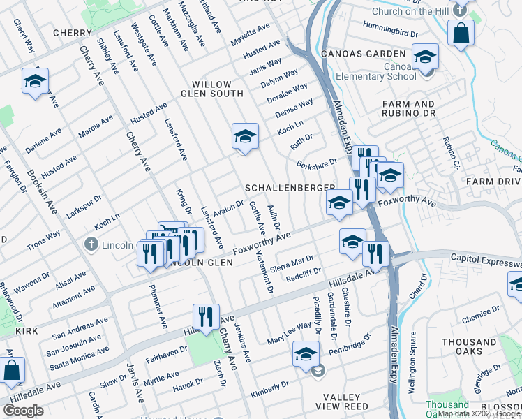 map of restaurants, bars, coffee shops, grocery stores, and more near 2920 Cottle Avenue in San Jose