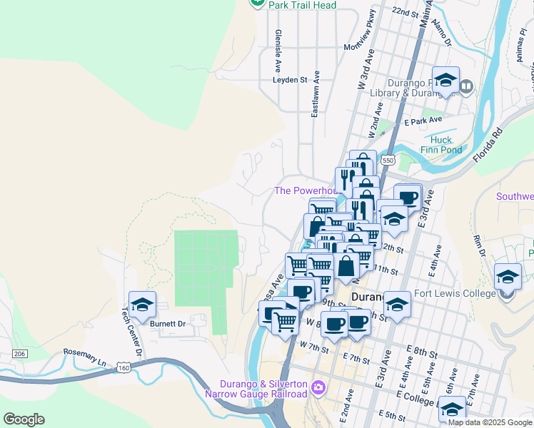 map of restaurants, bars, coffee shops, grocery stores, and more near 12 Falcon Way in Durango