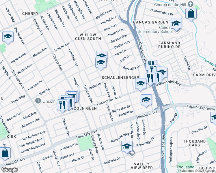 map of restaurants, bars, coffee shops, grocery stores, and more near 2920 Cottle Avenue in San Jose