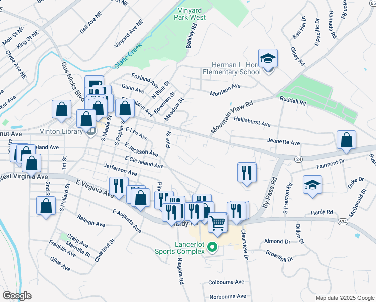 map of restaurants, bars, coffee shops, grocery stores, and more near 840 Mansard Square Drive in Vinton