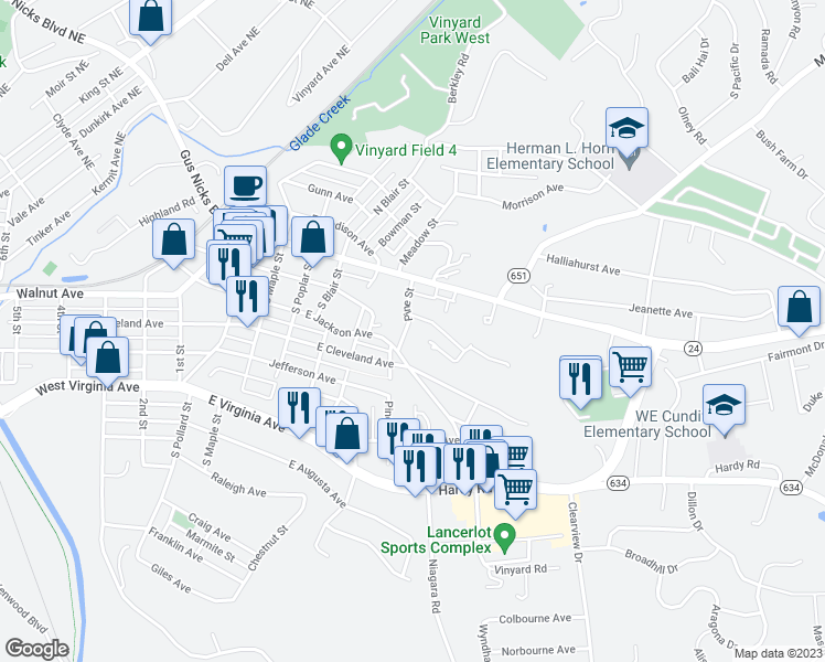 map of restaurants, bars, coffee shops, grocery stores, and more near 173-299 Pine St in Vinton