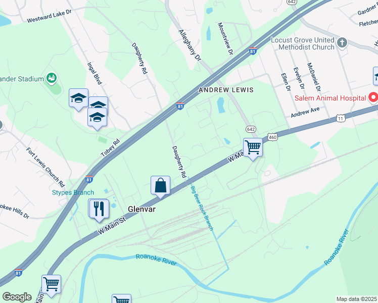 map of restaurants, bars, coffee shops, grocery stores, and more near 3939 Daugherty Road in Salem