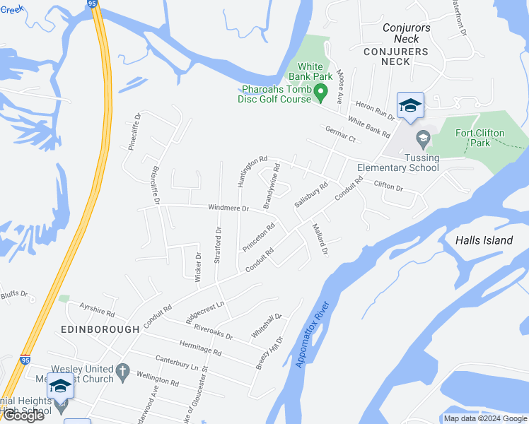 map of restaurants, bars, coffee shops, grocery stores, and more near 22 Brandywine Road in Colonial Heights