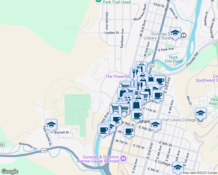 map of restaurants, bars, coffee shops, grocery stores, and more near 1208 Avenida Del Sol in Durango