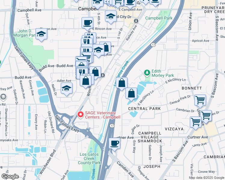 map of restaurants, bars, coffee shops, grocery stores, and more near 43 Timber Cove Drive in Campbell