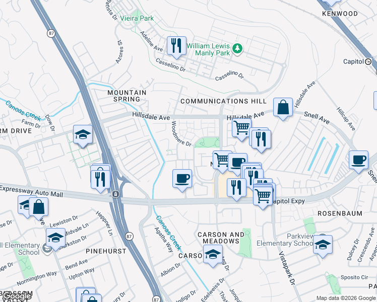 map of restaurants, bars, coffee shops, grocery stores, and more near 3288 Bruno Court in San Jose