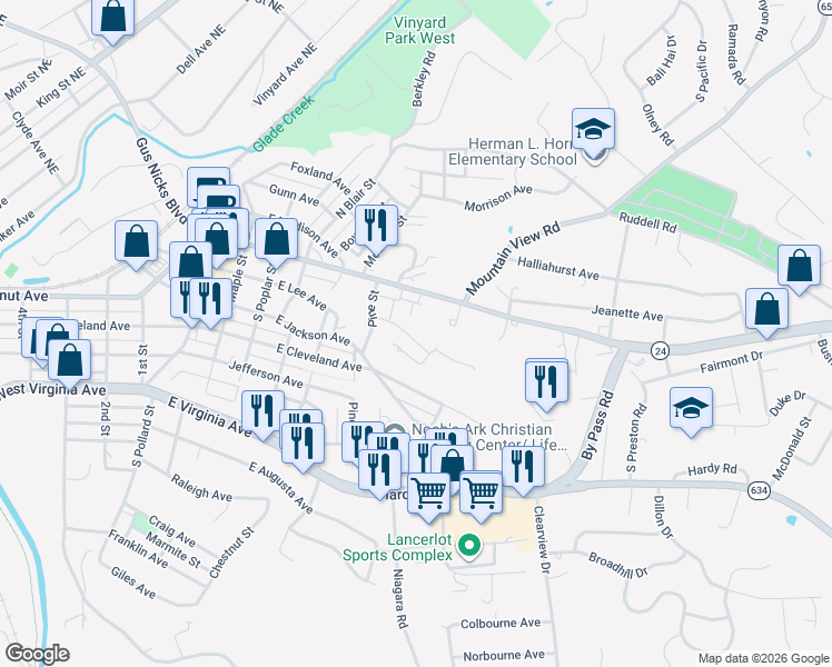 map of restaurants, bars, coffee shops, grocery stores, and more near 840 Mansard Square Drive in Vinton