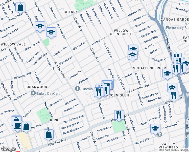 map of restaurants, bars, coffee shops, grocery stores, and more near 1478 Koch Lane in San Jose