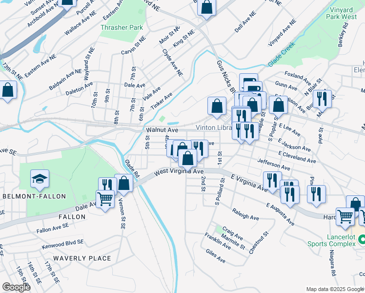 map of restaurants, bars, coffee shops, grocery stores, and more near 305 West Cleveland Avenue in Vinton