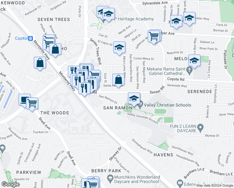 map of restaurants, bars, coffee shops, grocery stores, and more near 234 Senter Road in San Jose