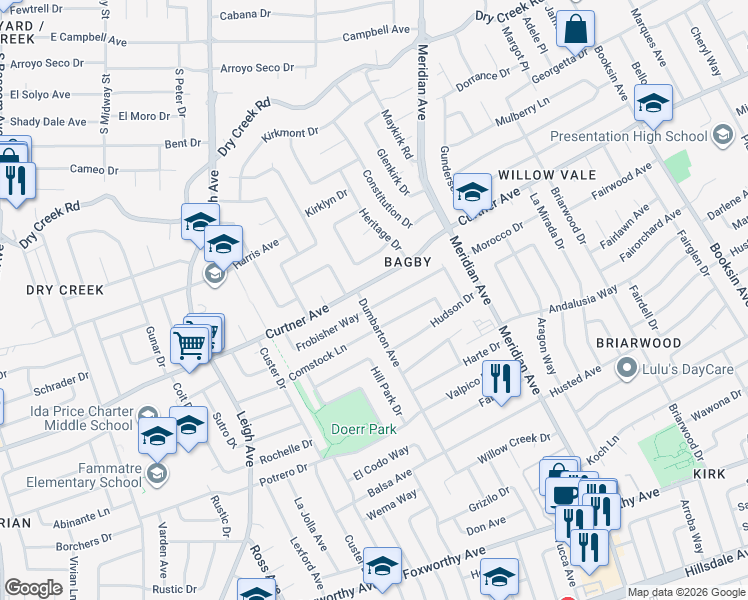map of restaurants, bars, coffee shops, grocery stores, and more near 1791 Frobisher Way in San Jose