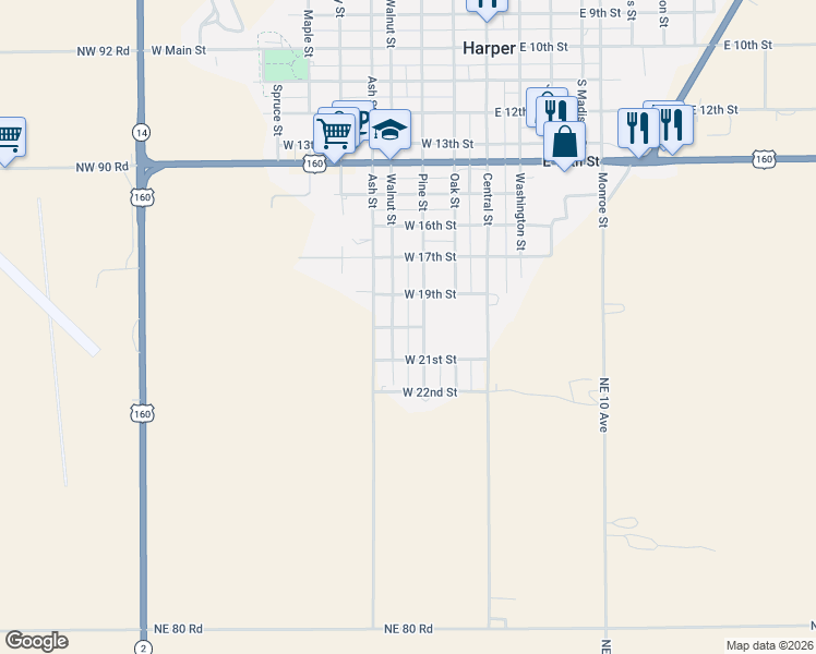 map of restaurants, bars, coffee shops, grocery stores, and more near 350 West College in Harper