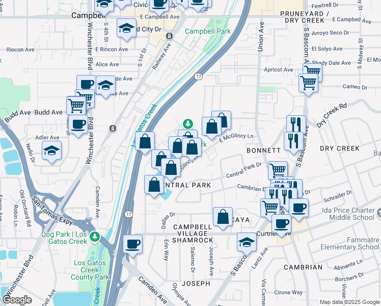 map of restaurants, bars, coffee shops, grocery stores, and more near in Campbell