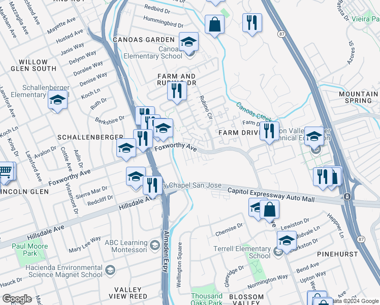 map of restaurants, bars, coffee shops, grocery stores, and more near 3126 Foxworthy Avenue in San Jose