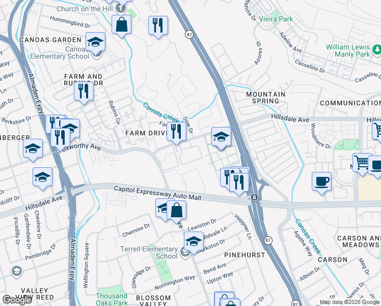 map of restaurants, bars, coffee shops, grocery stores, and more near 800 Hillsdale Avenue in San Jose