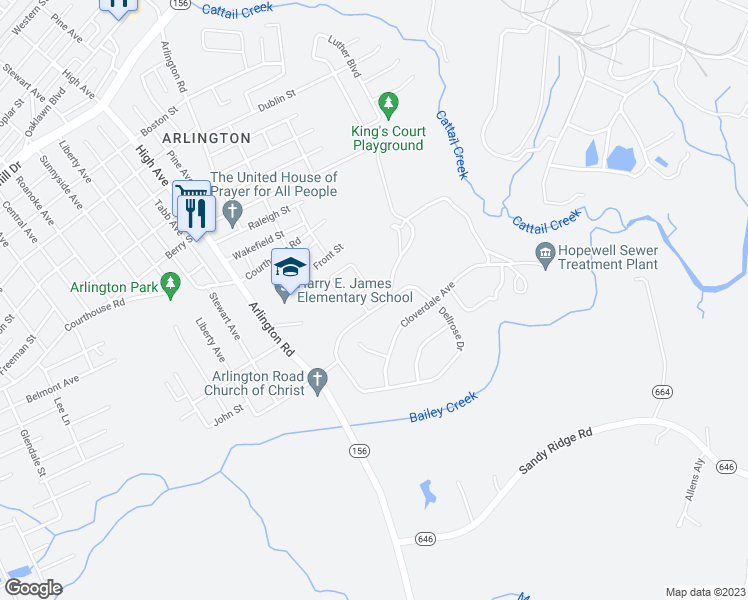 map of restaurants, bars, coffee shops, grocery stores, and more near 2007 Dellrose Drive in Hopewell
