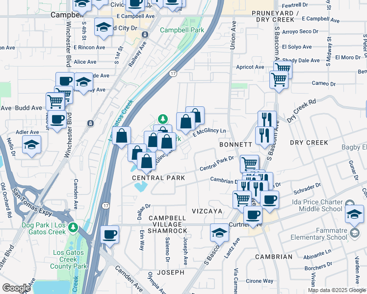 map of restaurants, bars, coffee shops, grocery stores, and more near 580 East McGlincy Lane in Campbell