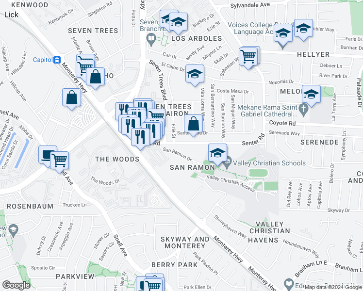 map of restaurants, bars, coffee shops, grocery stores, and more near 150 Senter Road in San Jose
