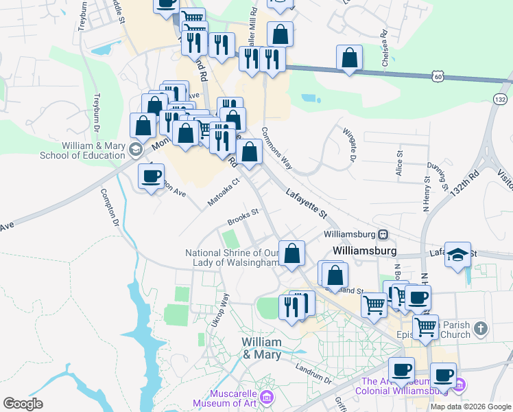 map of restaurants, bars, coffee shops, grocery stores, and more near 816 Richmond Road in Williamsburg