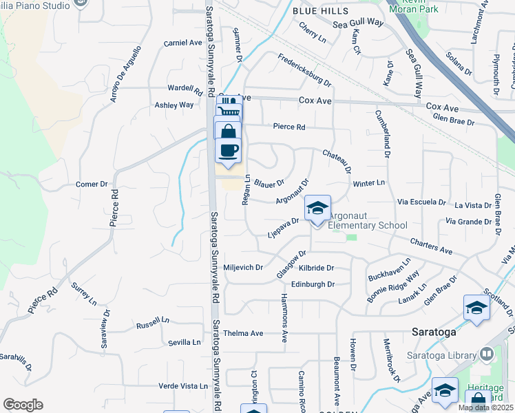 map of restaurants, bars, coffee shops, grocery stores, and more near 20350 Argonaut Drive in Saratoga