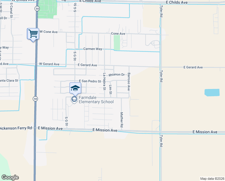 map of restaurants, bars, coffee shops, grocery stores, and more near 658 Lim Street in Merced