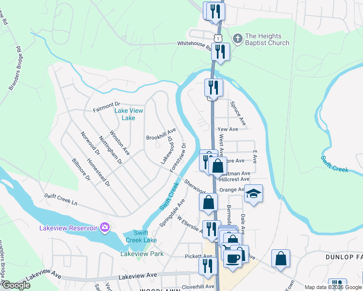 map of restaurants, bars, coffee shops, grocery stores, and more near 914 Forestview Drive in Colonial Heights