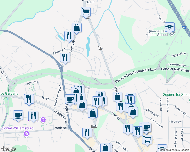 map of restaurants, bars, coffee shops, grocery stores, and more near 104 Zelkova Road in Williamsburg