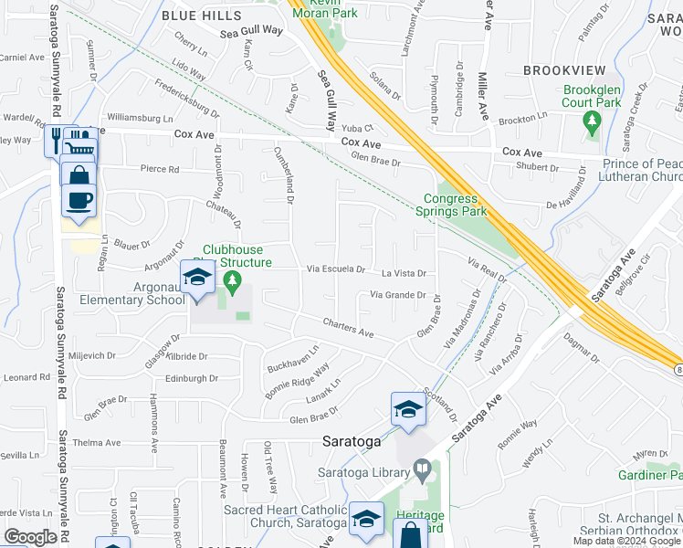 map of restaurants, bars, coffee shops, grocery stores, and more near 13110 Ten Oak Way in Saratoga