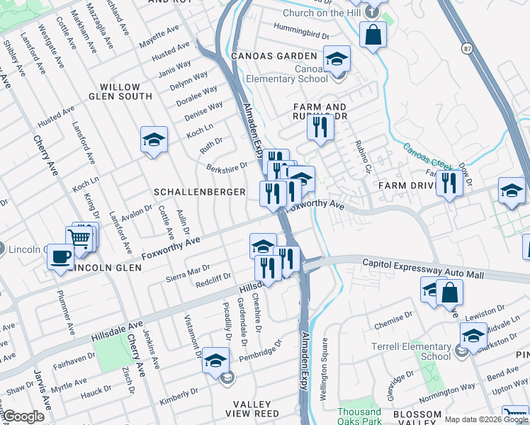 map of restaurants, bars, coffee shops, grocery stores, and more near 1125 Foxworthy Avenue in San Jose