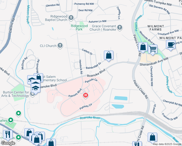 map of restaurants, bars, coffee shops, grocery stores, and more near 2121 Roanoke Boulevard in Salem
