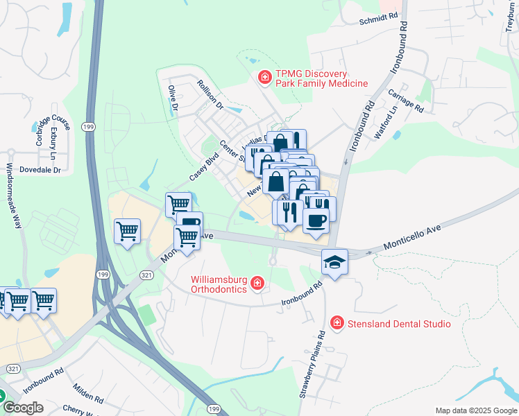 map of restaurants, bars, coffee shops, grocery stores, and more near 4803 Courthouse Street in Williamsburg