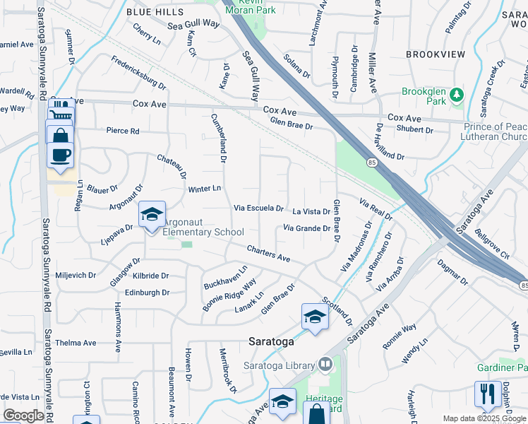 map of restaurants, bars, coffee shops, grocery stores, and more near 13110 Ten Oak Way in Saratoga