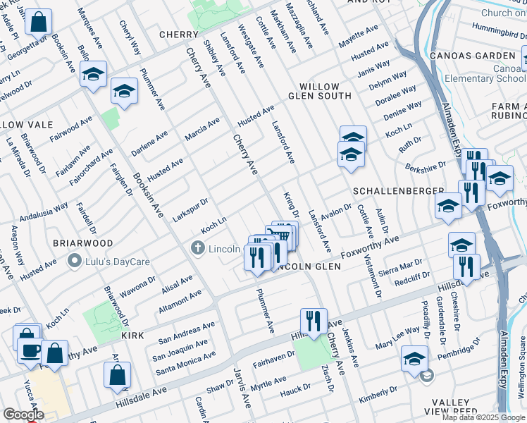 map of restaurants, bars, coffee shops, grocery stores, and more near 2620 Thrasher Lane in San Jose